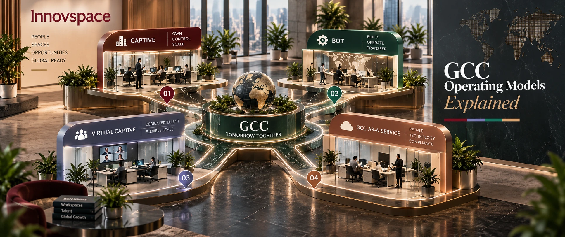 GCC Operating Models Explained: Captive, BOT, Virtual Captive and GCC-as-a-Service Enterprise team working in a dedicated managed office floor at Innovspace Coimbatore