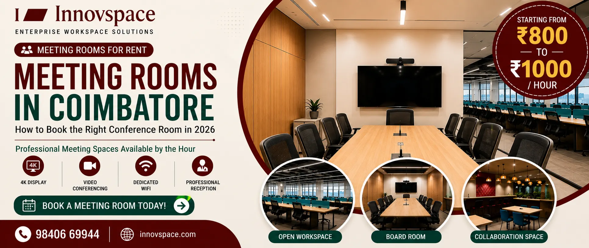 Meeting rooms in Coimbatore — professional conference room booking by the hour at Innovspace 2026
