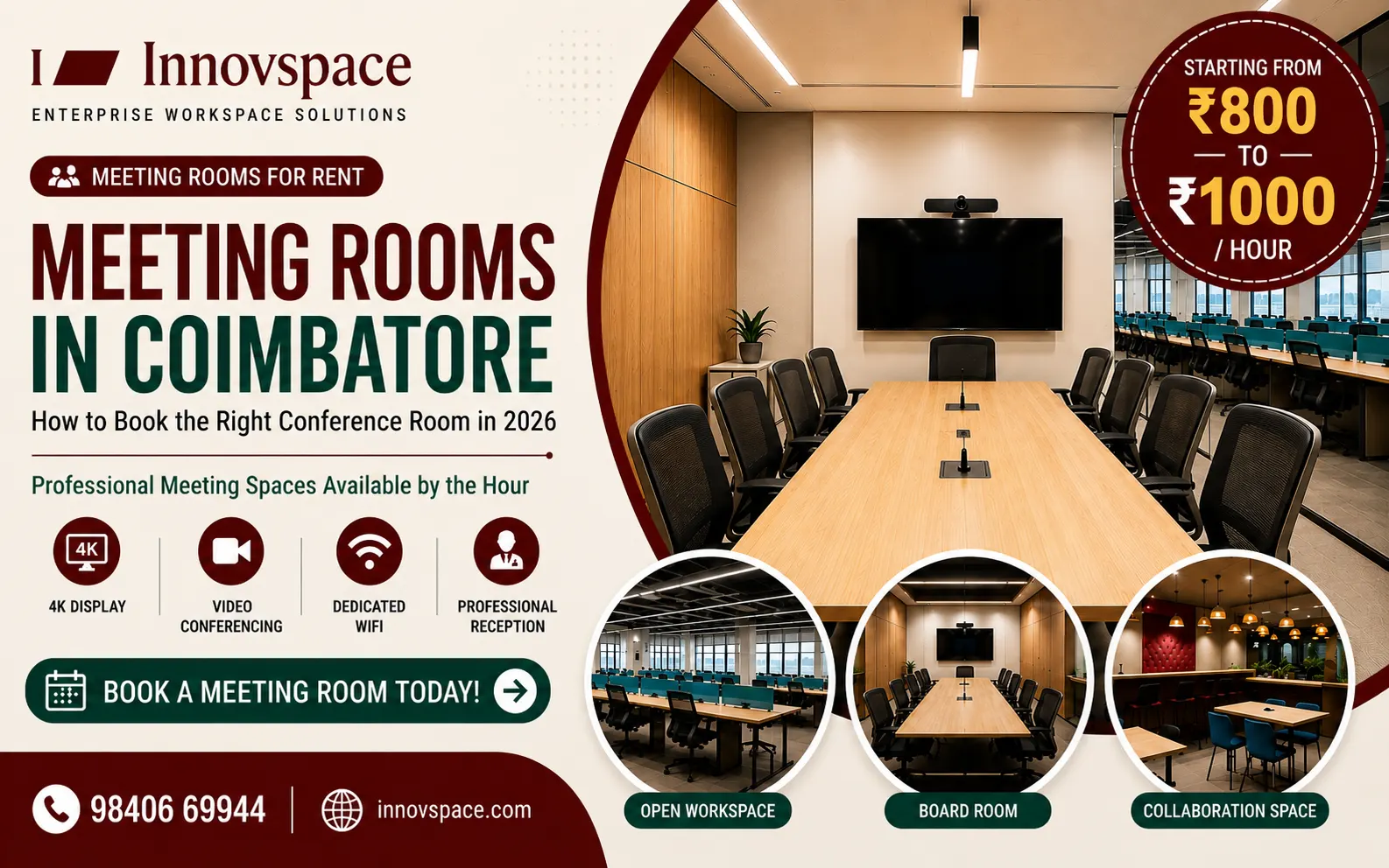 Meeting rooms in Coimbatore — professional conference room booking by the hour at Innovspace 2026