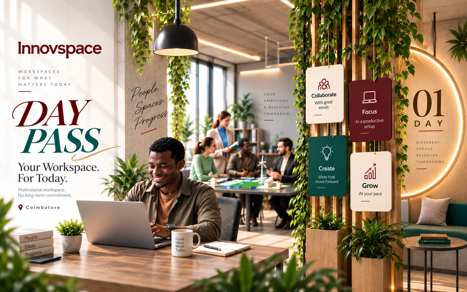 Coworking day pass in Coimbatore — book a seat for one day at Innovspace Aero Zone and Edge Zone