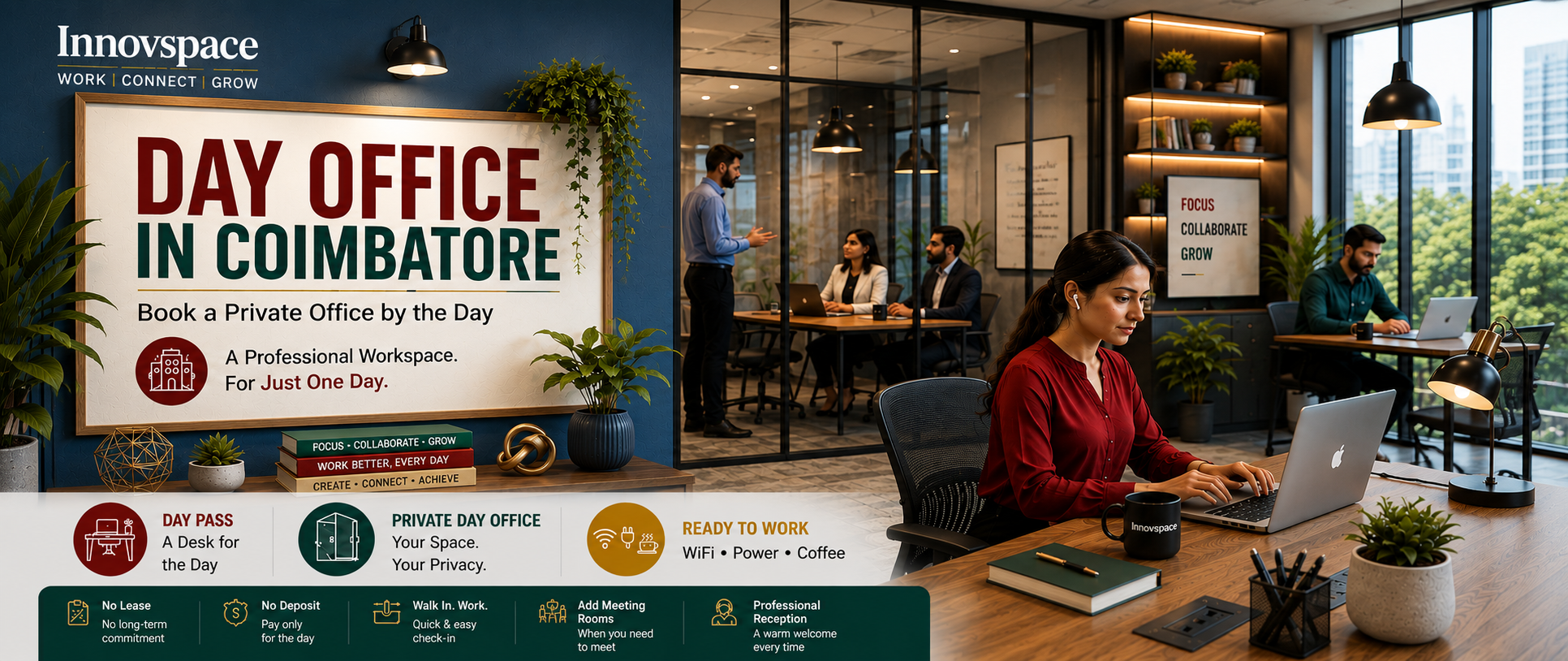 Day Office in Coimbatore: Book a Private Office by the Day Day office in Coimbatore — a private serviced cabin or coworking day pass at Innovspace, booked for the day