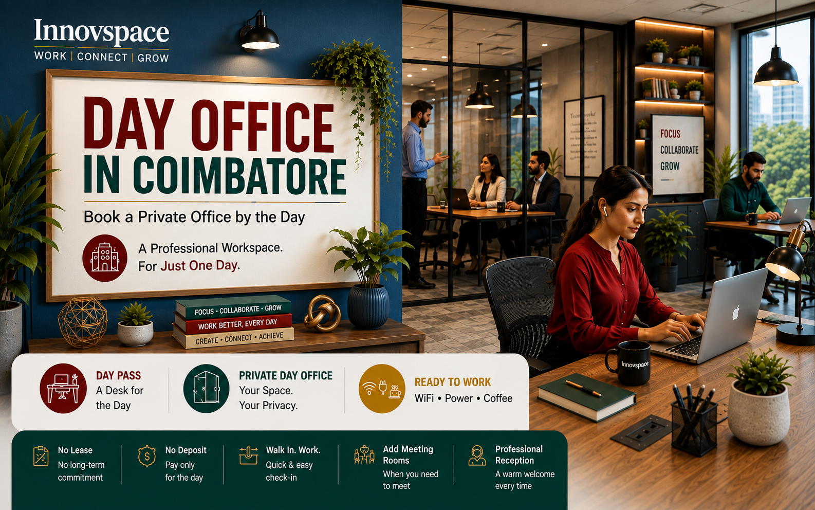 Day office in Coimbatore — a private serviced cabin or coworking day pass at Innovspace, booked for the day