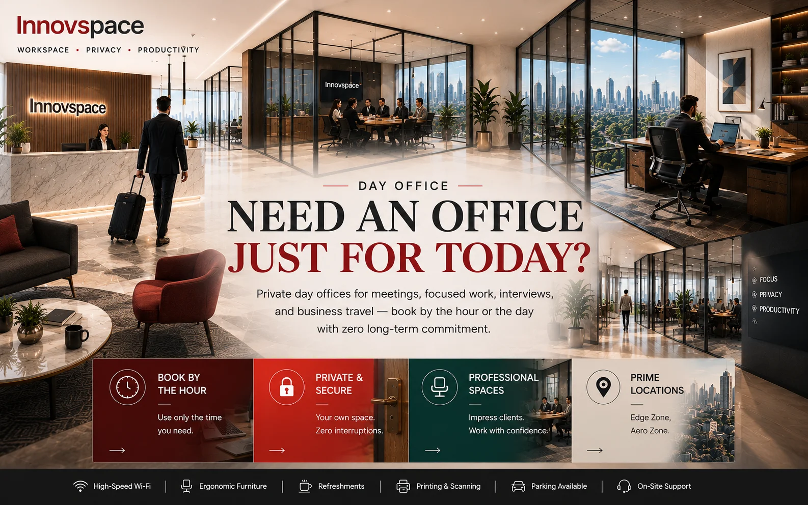 Day office in Coimbatore — a private, fully equipped workspace booked by the hour or day at Innovspace